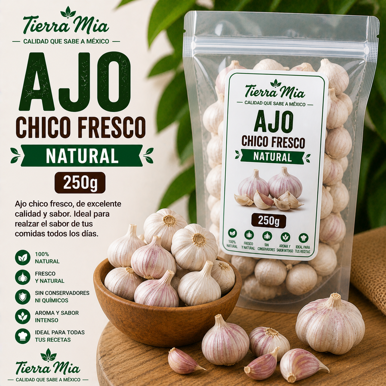 Ajo chico fresco 250g en bulbos, ajo natural pequeño Tierra Mia