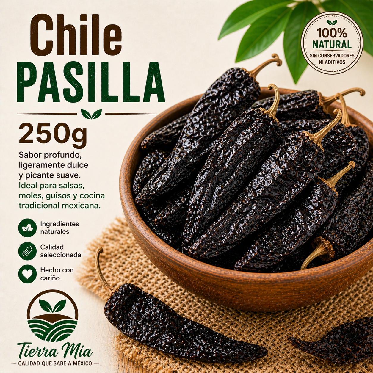 Chile pasilla seco 250g en bowl, chile mexicano para mole y salsas Tierra Mia