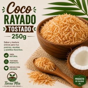 Coco rallado tostado 250g en bowl, ingrediente natural para postres Tierra Mia