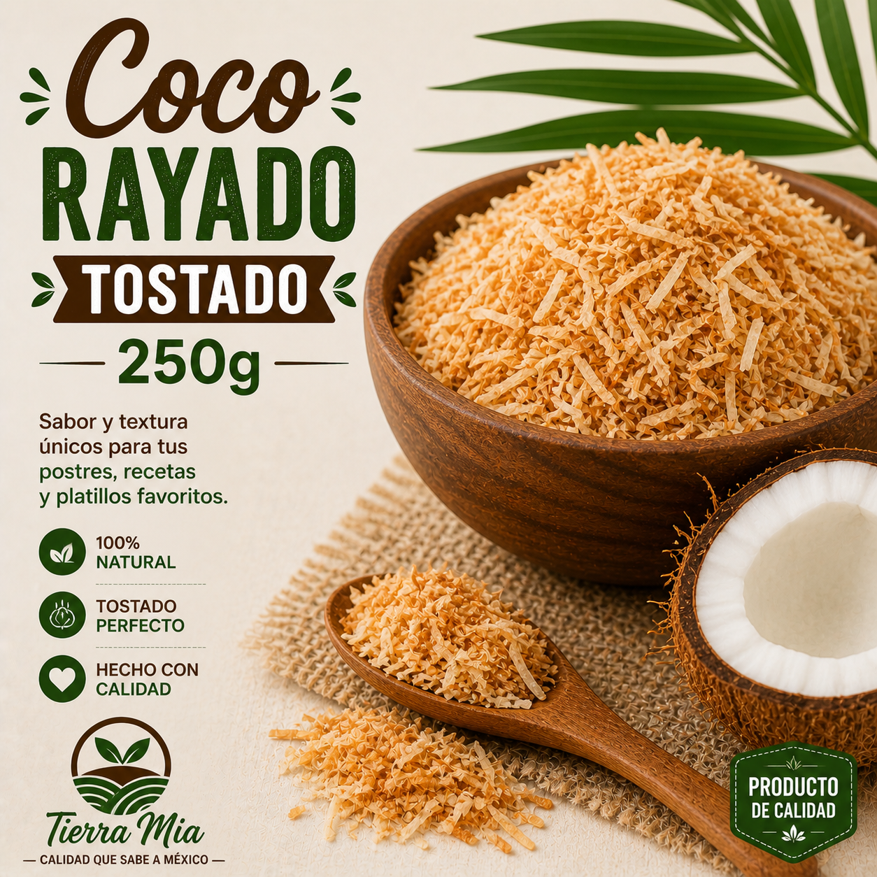 Coco rallado tostado 250g en bowl, ingrediente natural para postres Tierra Mia