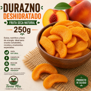 Durazno deshidratado 250g en bowl, fruta seca natural para snack saludable Tierra Mia