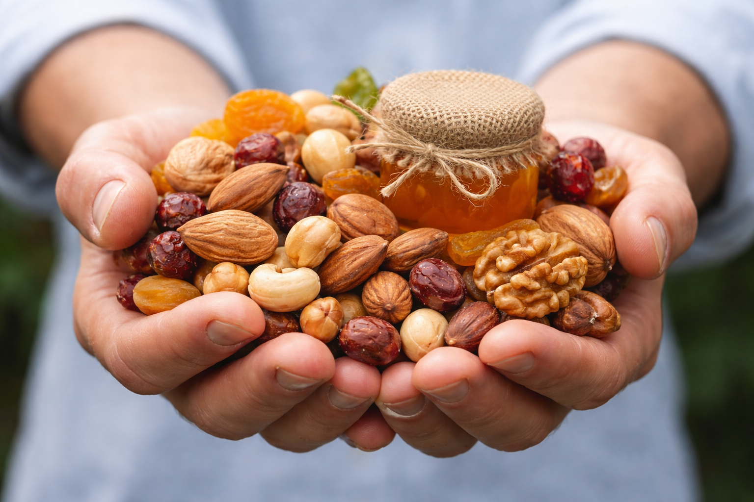 Manos sosteniendo frutos secos premium con miel natural, mezcla de almendras, nueces y frutos deshidratados