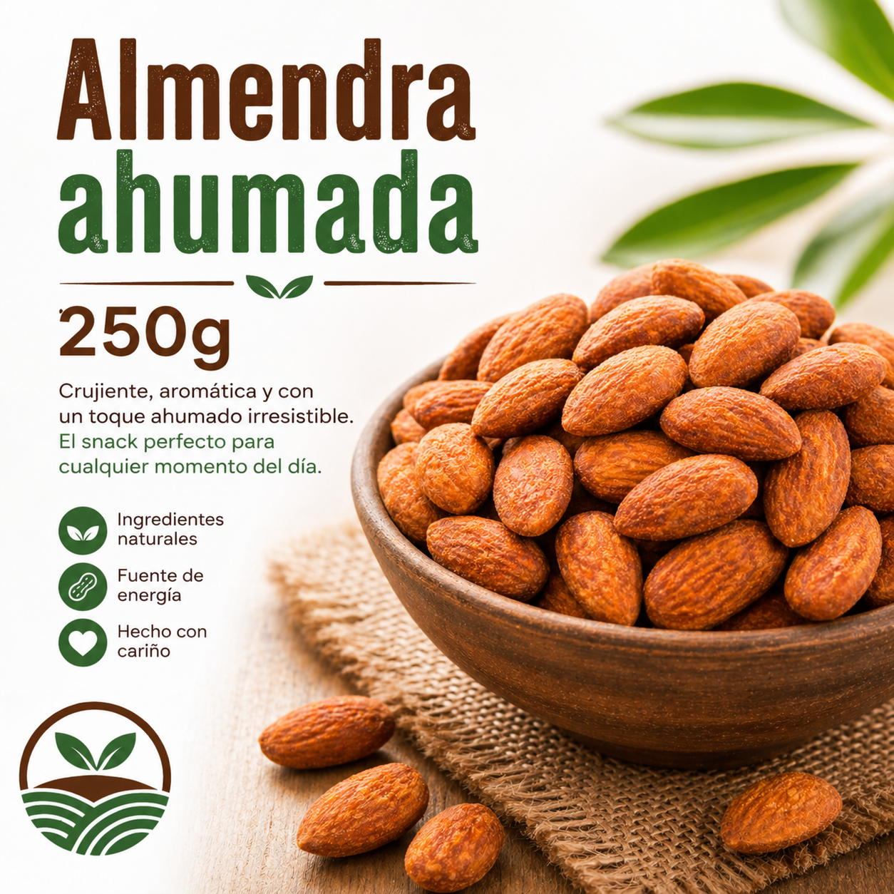 Almendra ahumada 250g en bowl, snack crujiente con sabor ahumado Tierra Mia