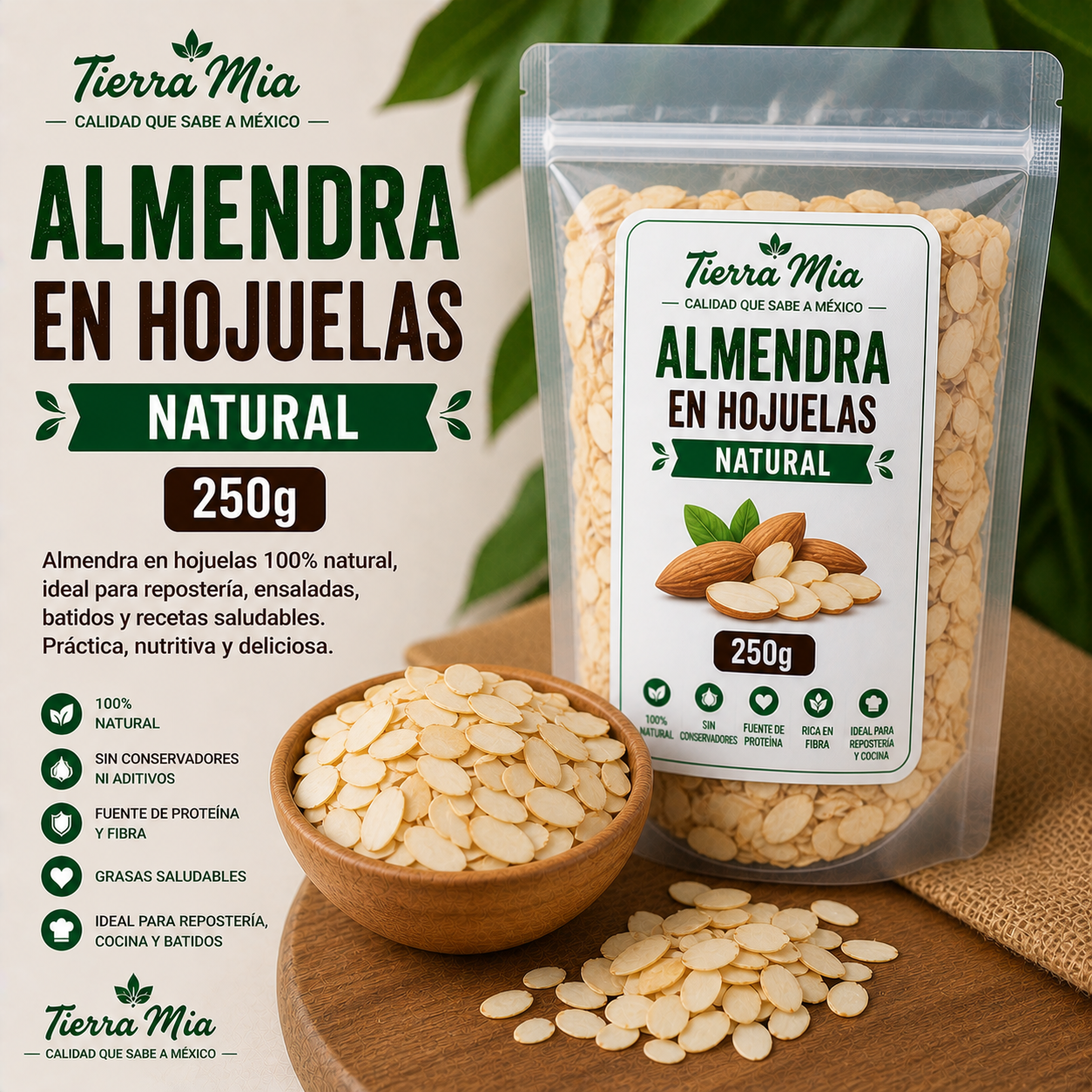 Almendra en hojuelas 250g en bowl, almendras laminadas naturales Tierra Mia