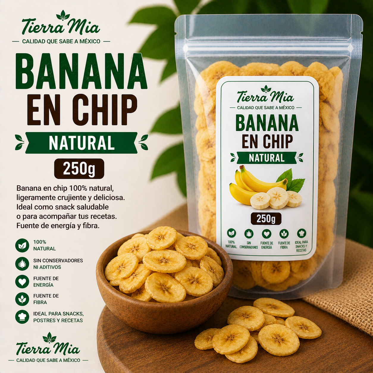 Banana en chip 250g en bowl, plátano deshidratado crujiente Tierra Mia