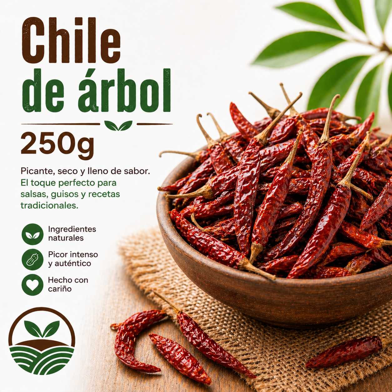 Chile de árbol seco 250g en bowl, chile picante para salsas Tierra Mia
