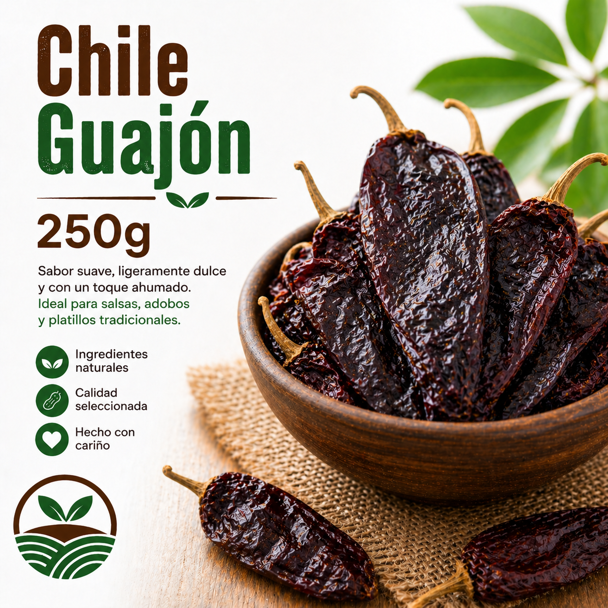 Chile guajón seco 250g en bowl, chile mexicano para salsas y adobos Tierra Mia