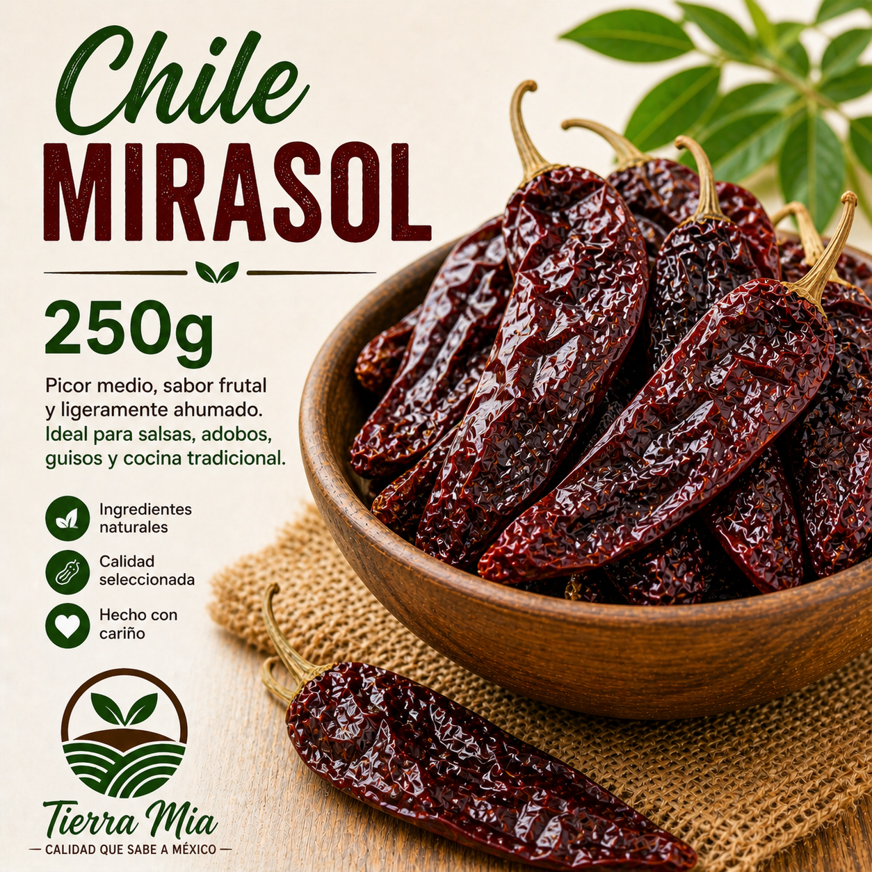 Chile mirasol seco 250g en bowl, chile mexicano para salsas y adobos Tierra Mia