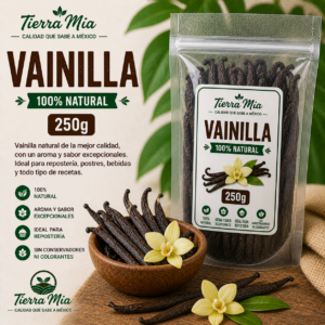 Vainilla natural 250g en vainas dentro de bowl, vainilla premium Tierra Mia