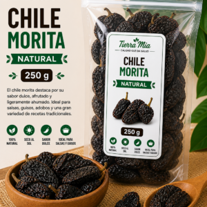 Chile morita seco 250g en bolsa y bowl, chile ahumado oscuro ideal para salsas Tierra Mia