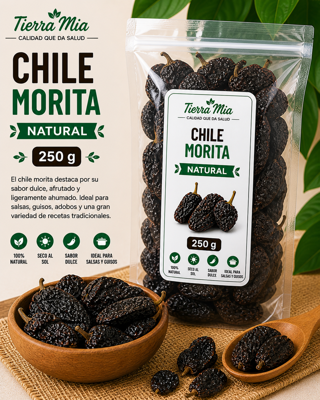 Chile morita seco 250g en bolsa y bowl, chile ahumado oscuro ideal para salsas Tierra Mia