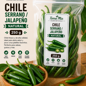Chile serrano y jalapeño 250g frescos en bolsa y bowl, chiles verdes naturales Tierra Mia