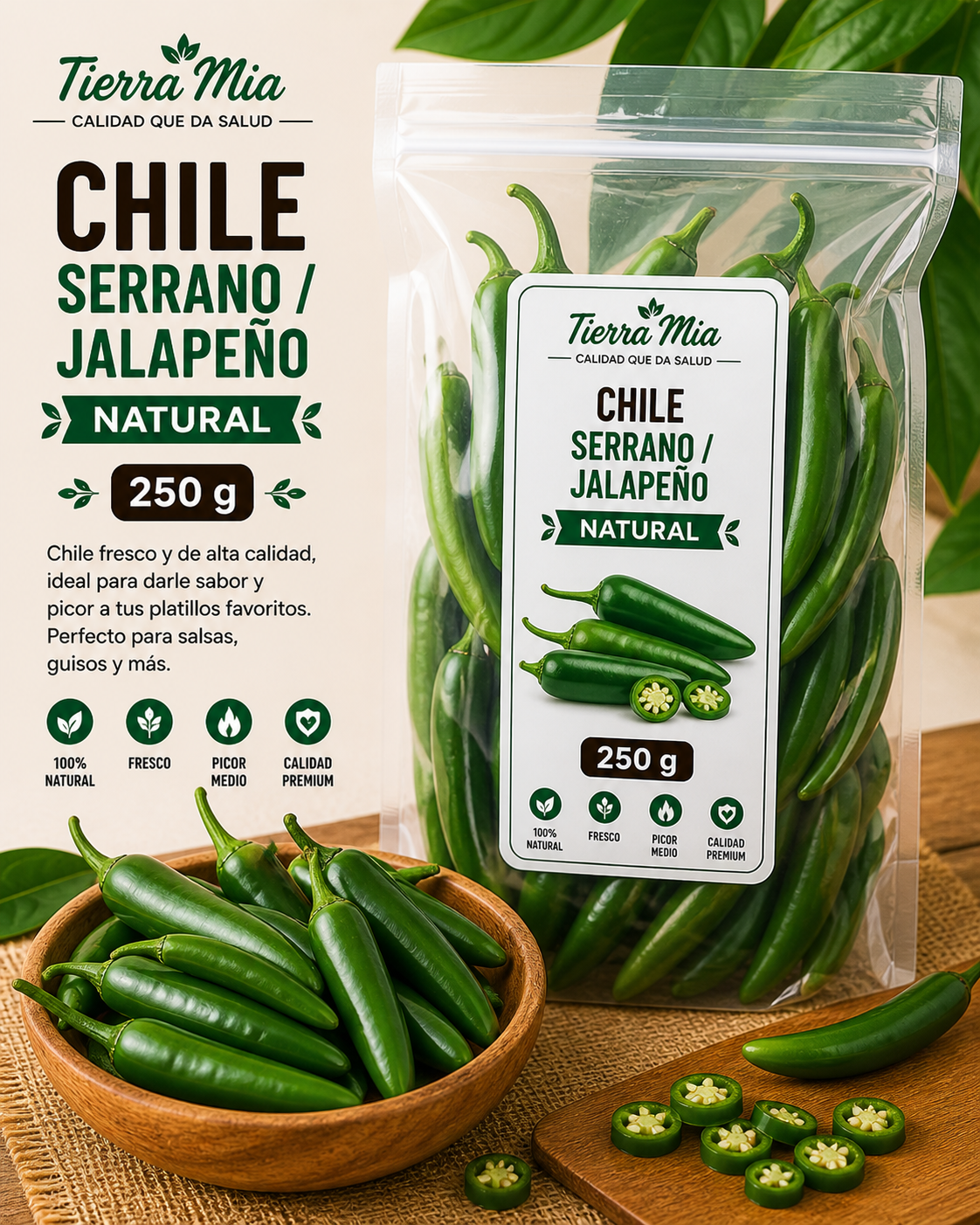Chile serrano y jalapeño 250g frescos en bolsa y bowl, chiles verdes naturales Tierra Mia