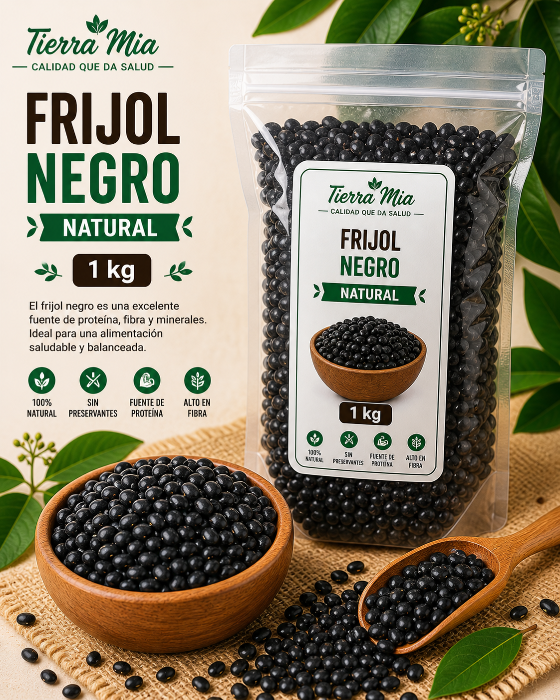 Frijol negro 1kg en bolsa y bowl, leguminosa natural rica en proteína Tierra Mia