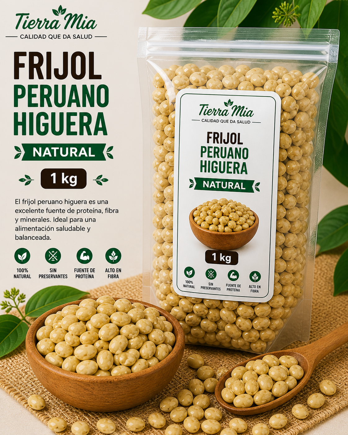 Frijol peruano higuera 1kg en bolsa y bowl, leguminosa clara rica en proteína Tierra Mia