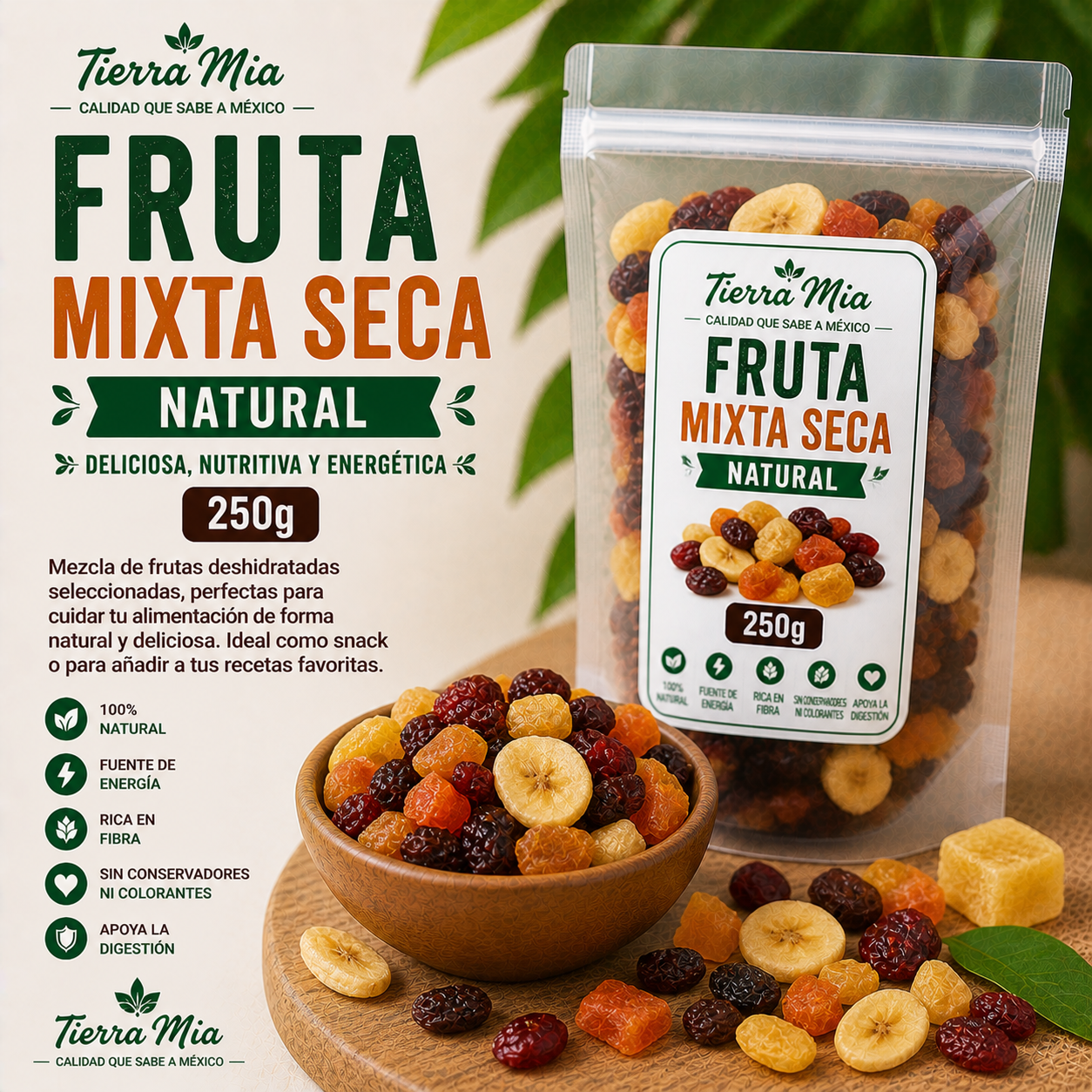 Fruta mixta seca 250g en bowl, mezcla de frutas deshidratadas naturales Tierra Mia