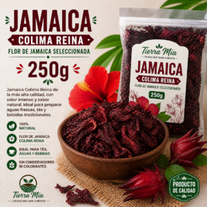 Flor de jamaica Colima Reina 250g en bowl, jamaica seca natural para bebidas Tierra Mia
