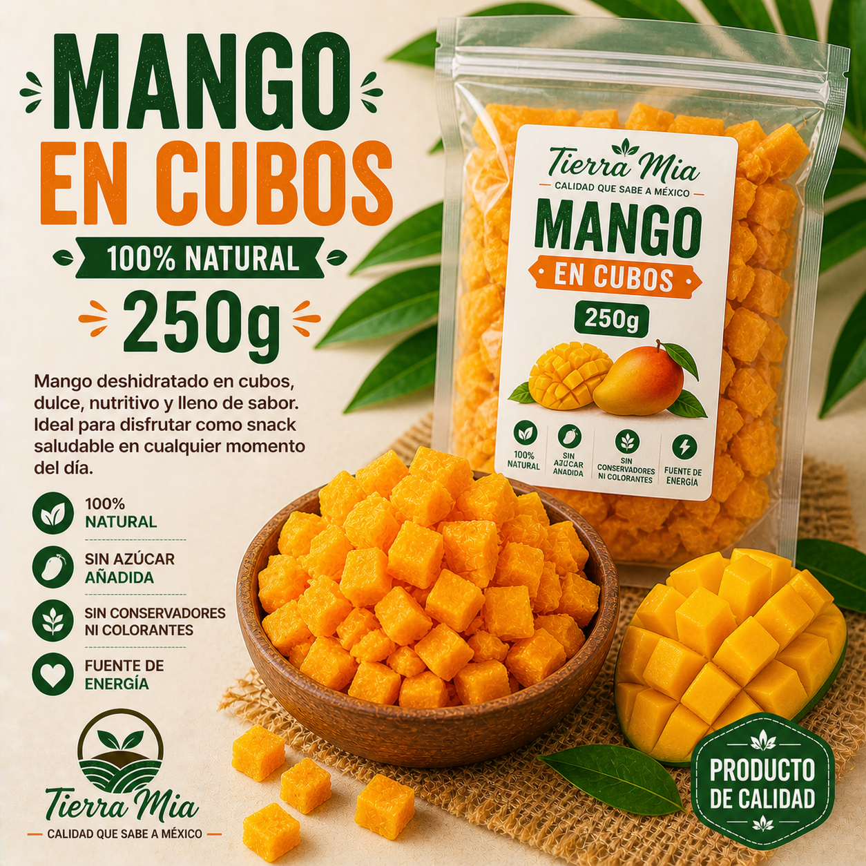 Mango deshidratado en cubos 250g en bowl, fruta seca natural Tierra Mia