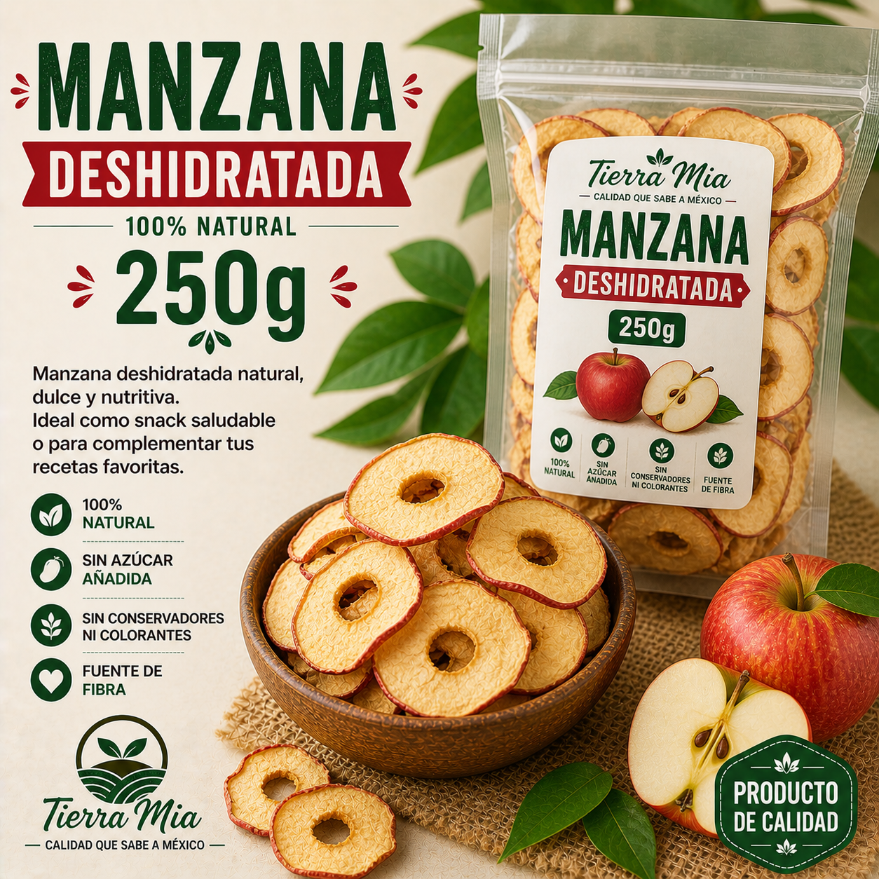 Manzana deshidratada 250g en rodajas, fruta seca natural Tierra Mia
