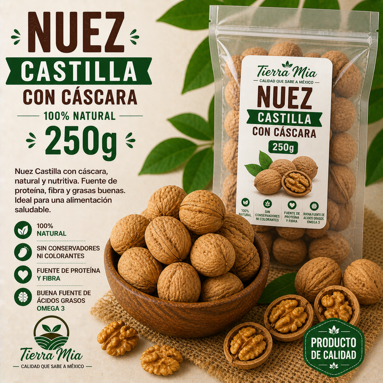 Nuez Castilla con cáscara 250g en bowl, nuez natural entera Tierra Mia