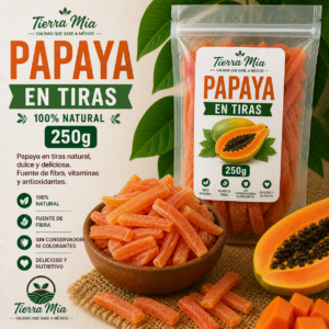 Papaya deshidratada en tiras 250g en bowl, fruta seca natural Tierra Mia