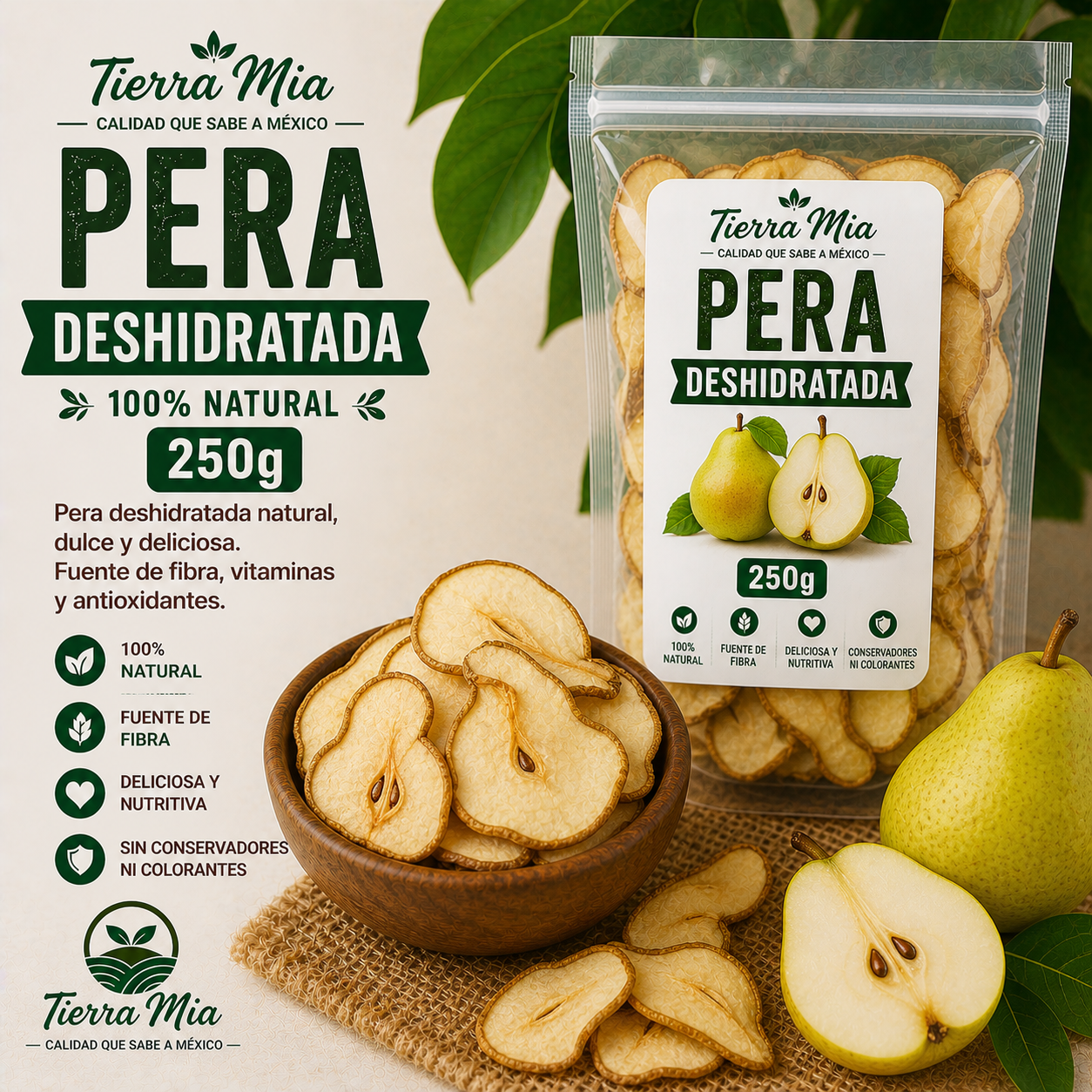 Pera deshidratada 250g en rodajas, fruta seca natural Tierra Mia