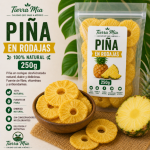 Piña deshidratada en rodajas 250g en bowl, fruta seca natural Tierra Mia
