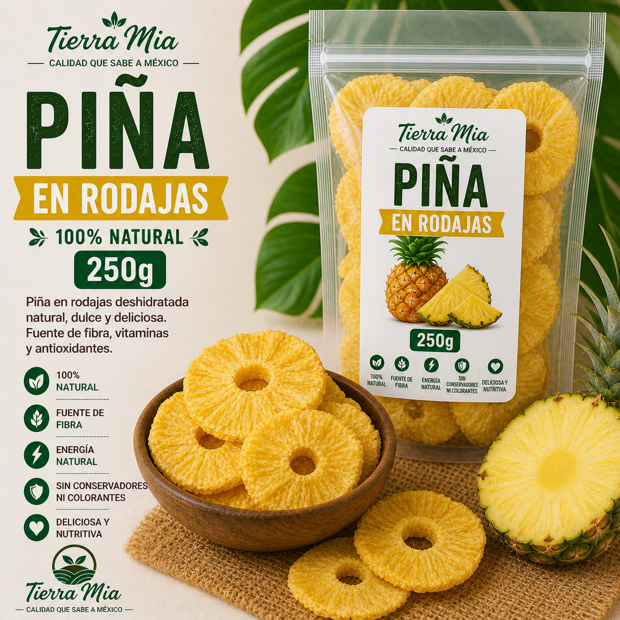 Piña deshidratada en rodajas 250g en bowl, fruta seca natural Tierra Mia