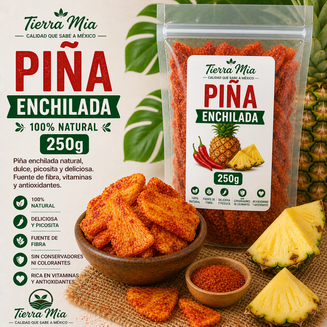 Piña enchilada 250g en bowl, fruta deshidratada con chile dulce y picante Tierra Mia