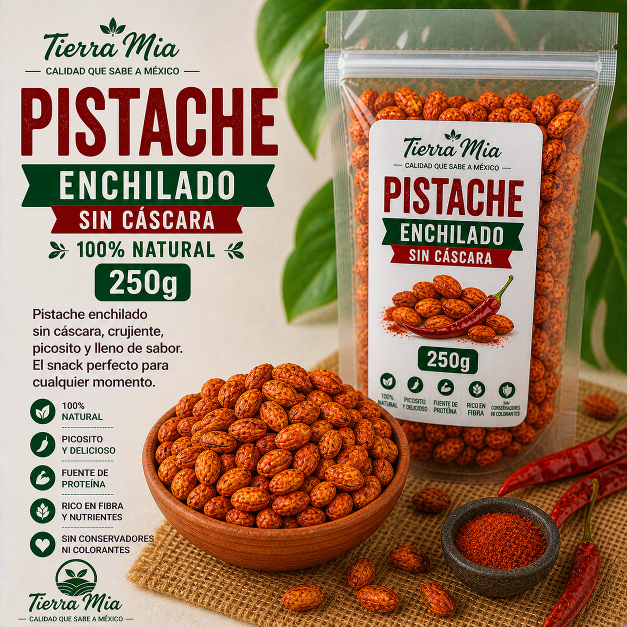 Pistache enchilado 250g en bowl, pistaches picosos snack Tierra Mia