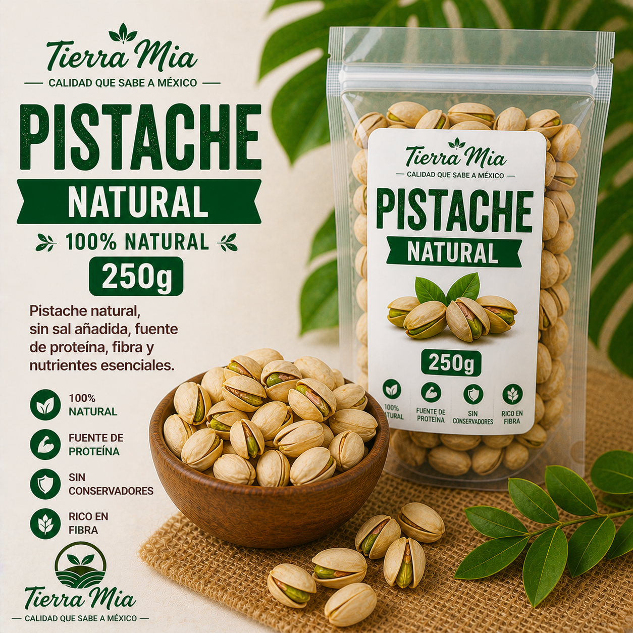 Pistache natural 250g en bowl, pistaches sin sal con cáscara Tierra Mia